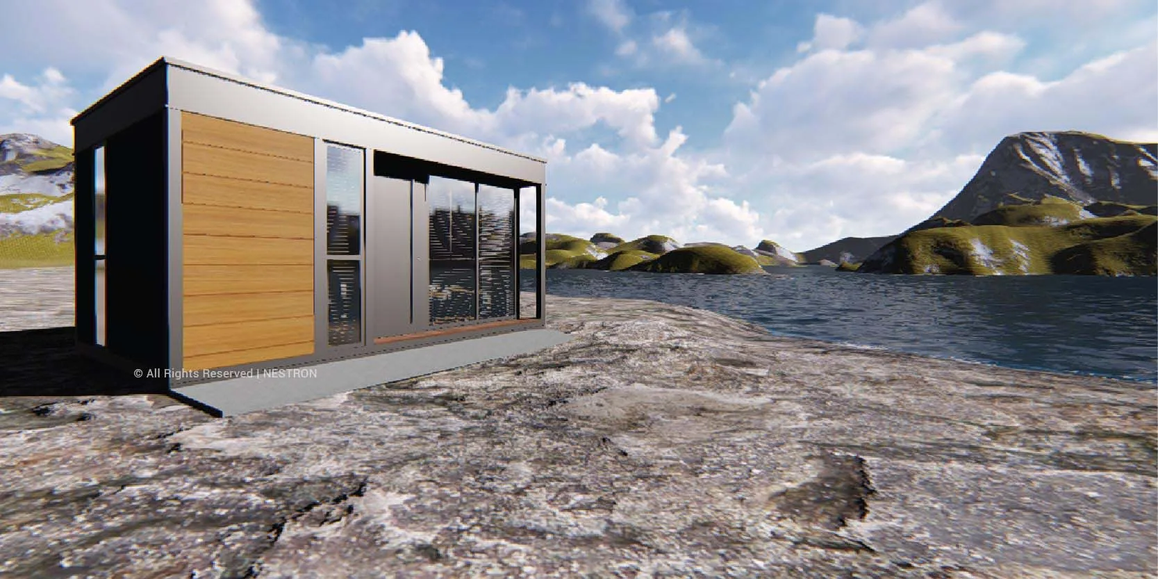 Exterior rendering of a modern modular home with large glass doors in an open landscape