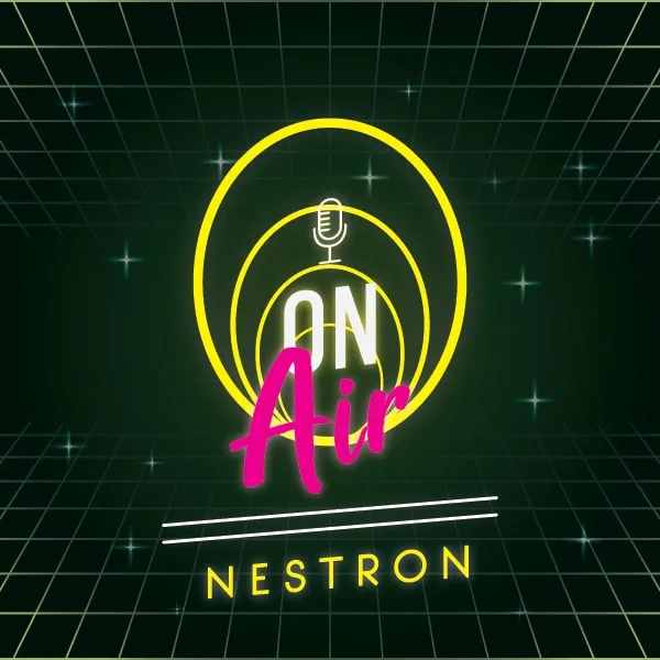 Nestron Air promotional graphic with neon-style logo on a dark grid background