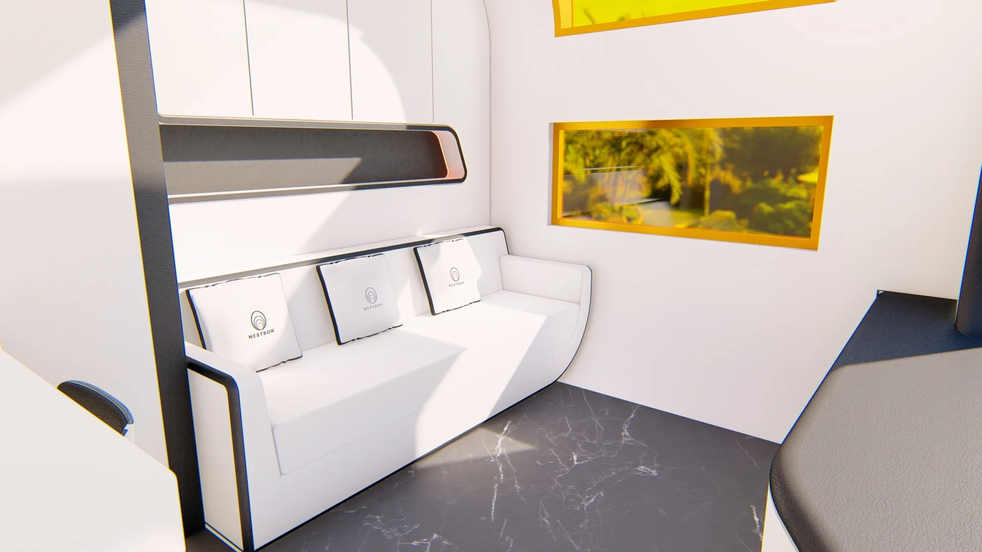 Nestron Cube Two X living area with a custom white sofa bed, black trim, and panoramic windows