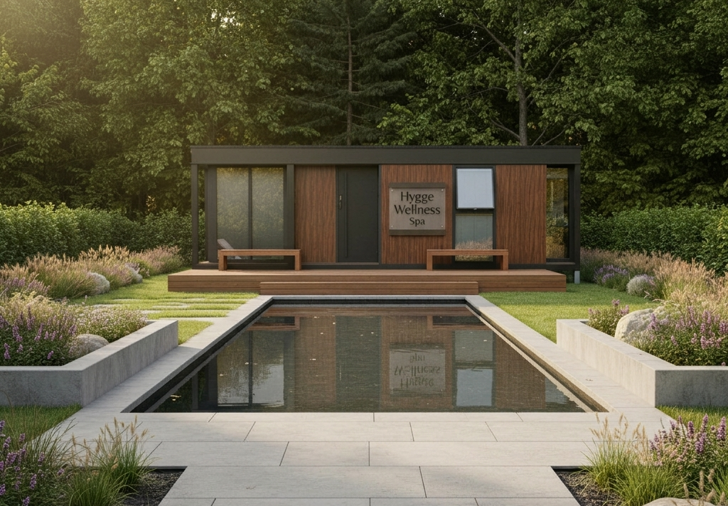 Nestron L2 exterior beside a pool, set up as a wellness studio.