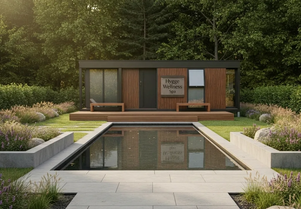Nestron L2 exterior beside a pool, set up as a wellness studio.