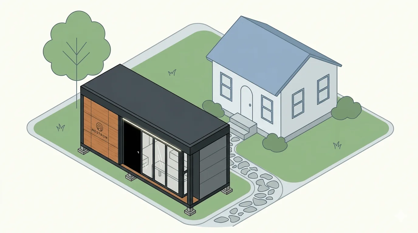 Illustration of Nestron Legend One ADU placed in backyard beside main house