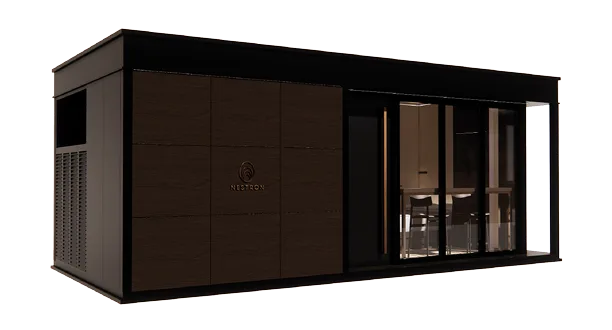 Nestron Legend One modular tiny home, 254 sq ft, with dark wood panels and glass doors