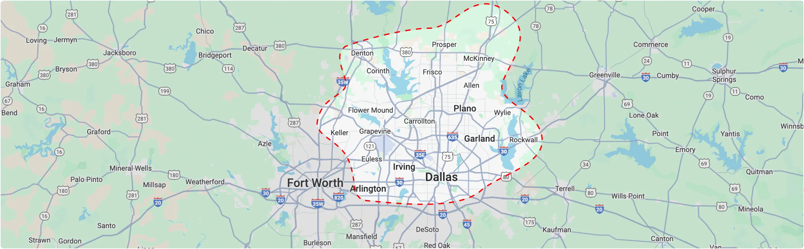 Map showing a highlighted service or delivery area across a regional road network