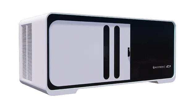 Nestron C1 modular home unit exterior with sliding black door panel and white paneling