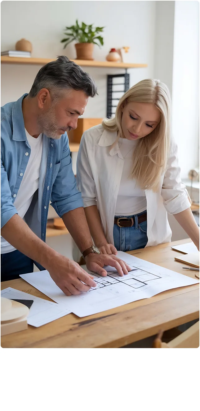 Couple reviewing home floor plans together, planning and preparation step