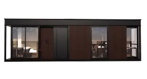 Nestron Legend Two modular home, 375 sq ft, with dark wood panels and glass sliding doors