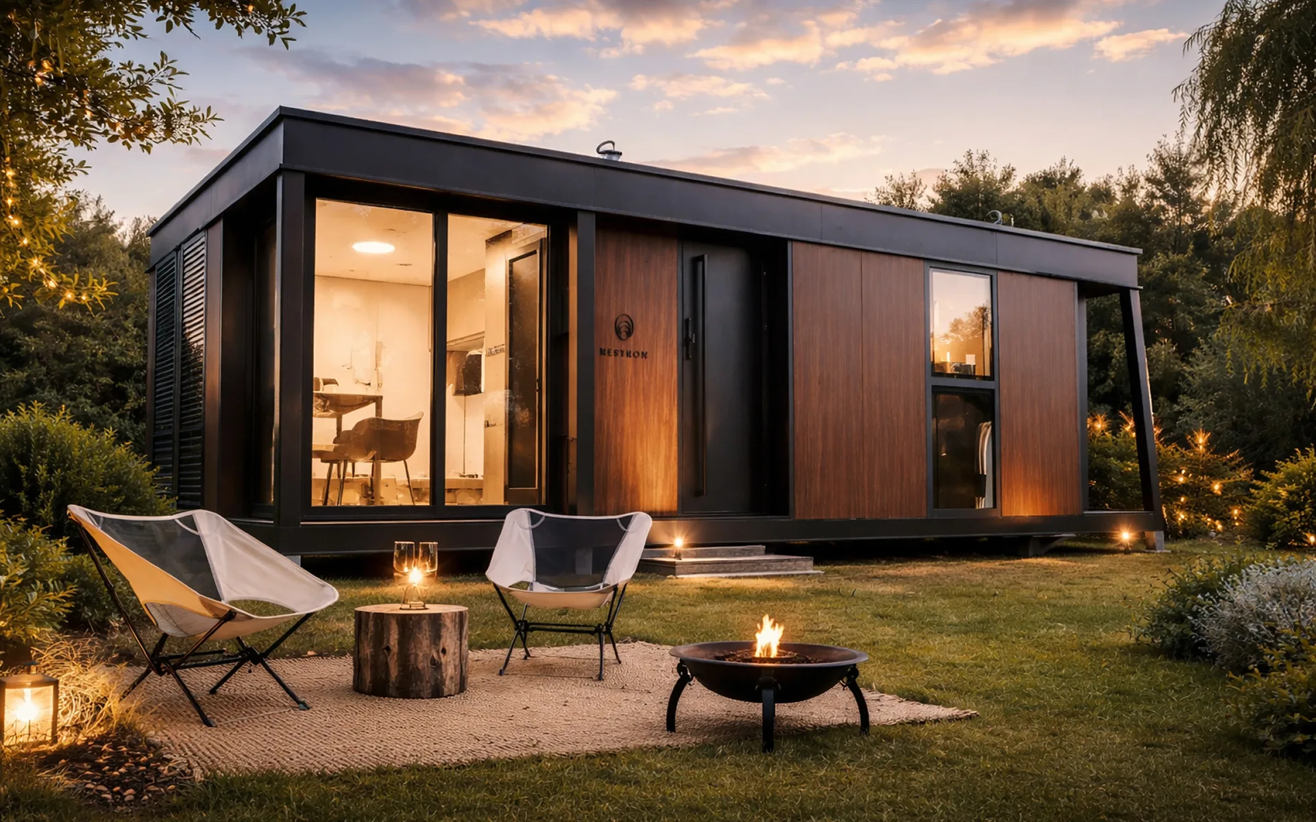 Exterior night view of a modern modular home with warm interior lighting and outdoor seating