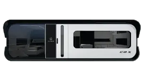 Nestron C2X modular home front view with sliding panels open showing furnished interior