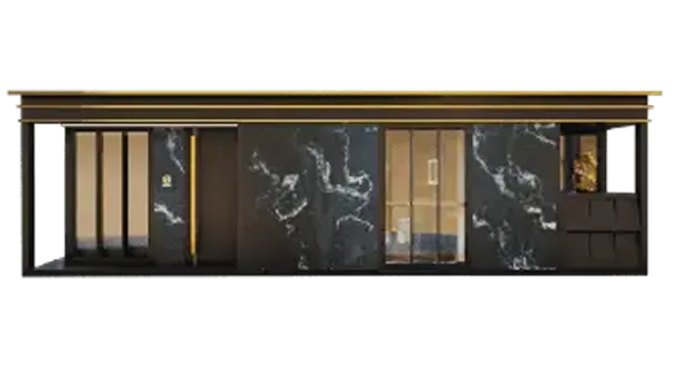 Nestron Legend Two X modular home, 360 sq ft, with black marble panels and gold trim