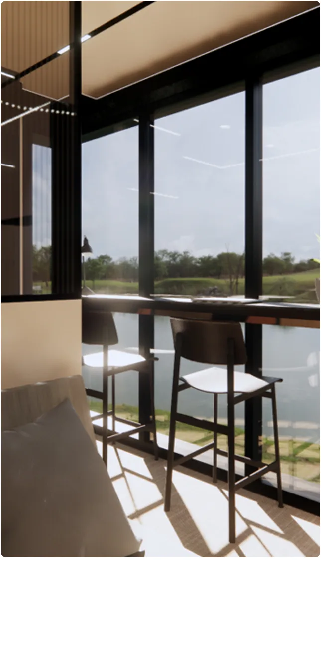 Nestron modular home interior with bar seating and large windows, install and move in step