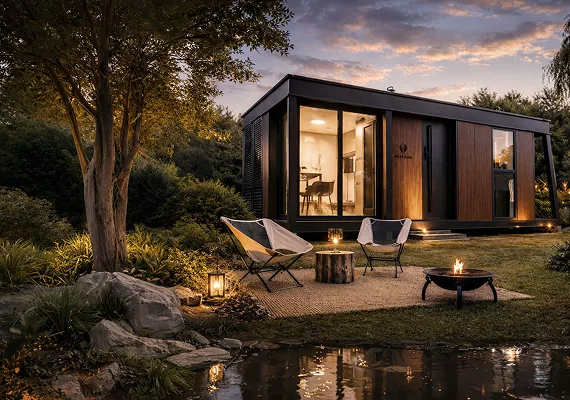 Modern modular home surrounded by trees and landscaping at dusk