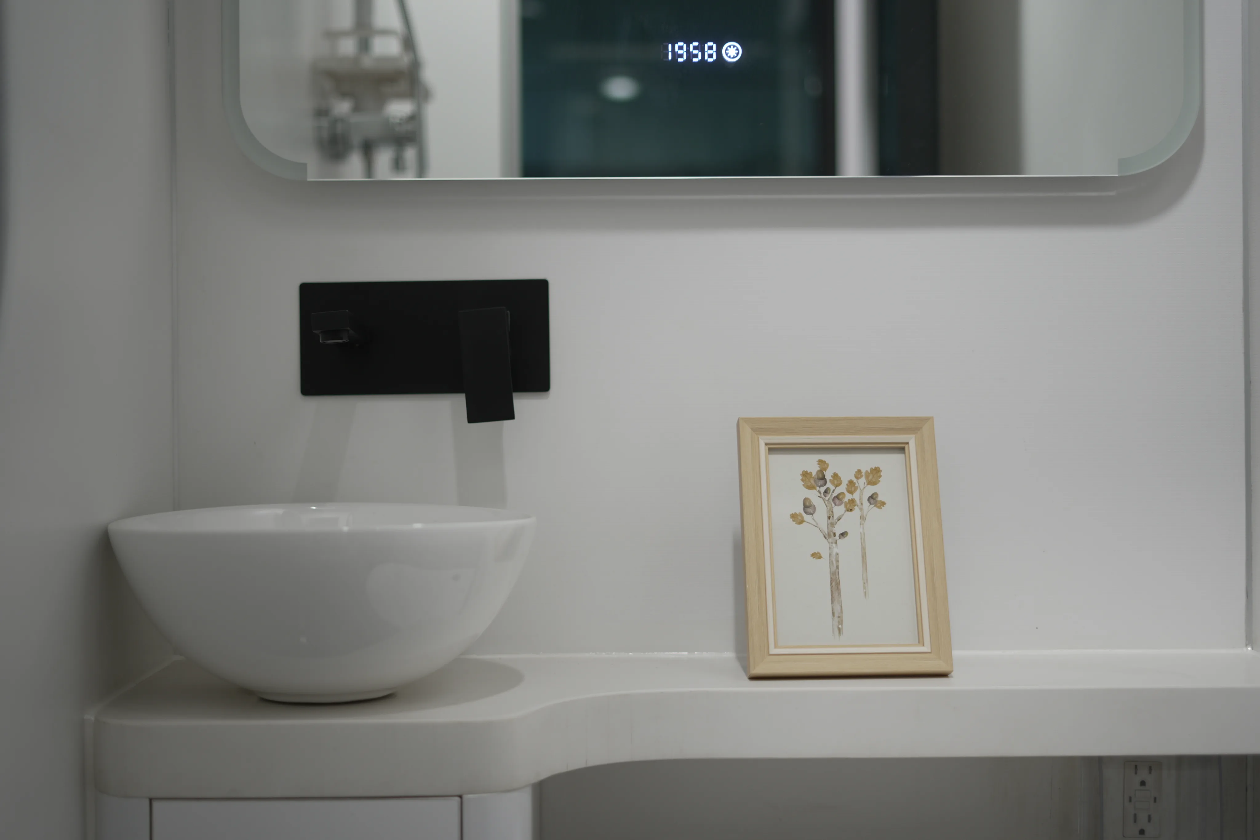 Nestron modular home bathroom vanity mirror with digital clock display, atmospheric feature