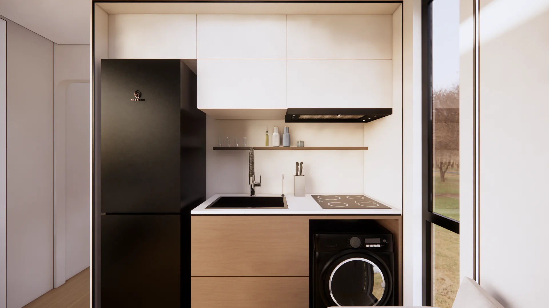 Nestron Cube Two kitchenette rendering with a refrigerator, sink, cooktop, and washing machine