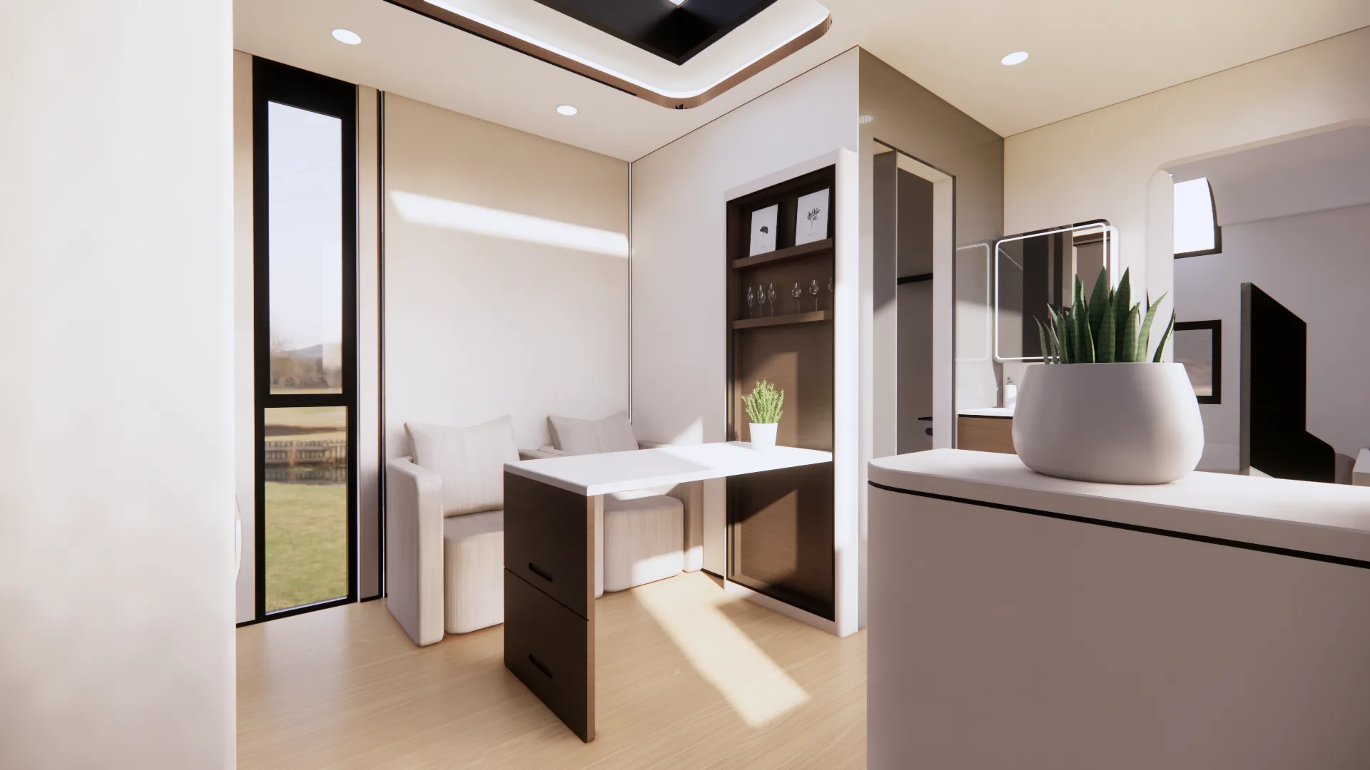Nestron Cube Two living and dining area rendering with a table, cabinetry, and large windows