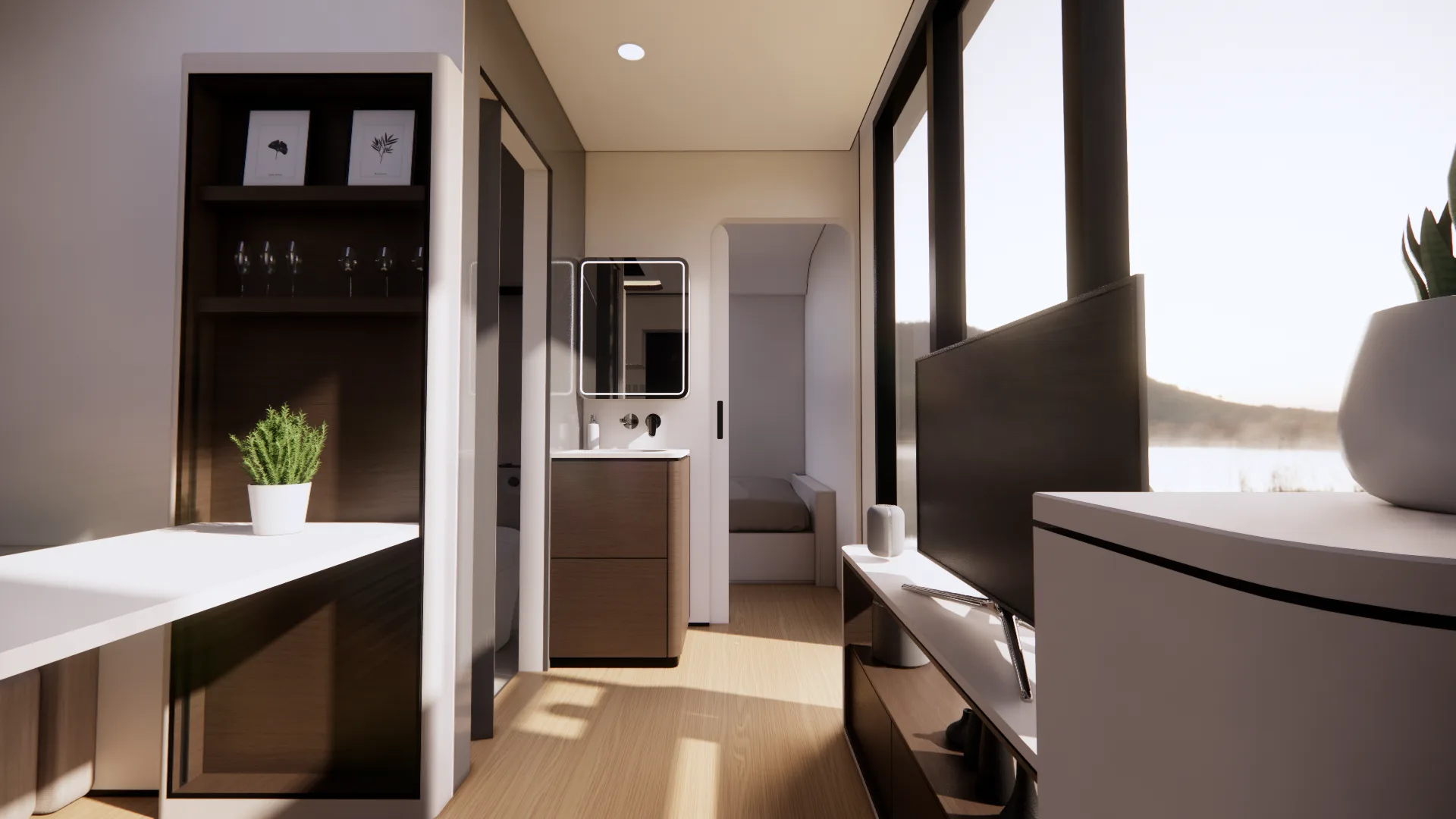 Nestron Cube Two interior rendering showing a hallway, kitchen area, and large windows