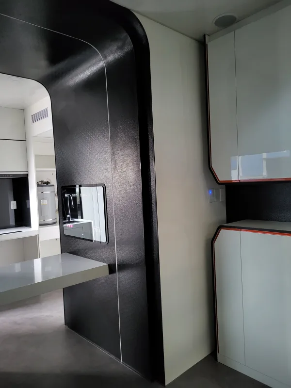 Nestron Cube Two X bathroom interior with mirror and dark cabinetry