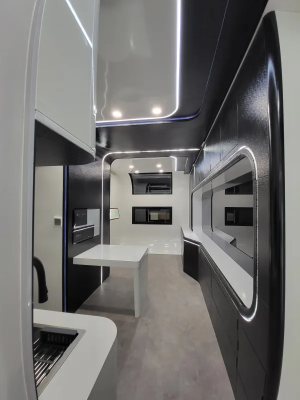 Nestron Cube Two X kitchen rendering with built-in cabinetry, appliances, and a compact countertop