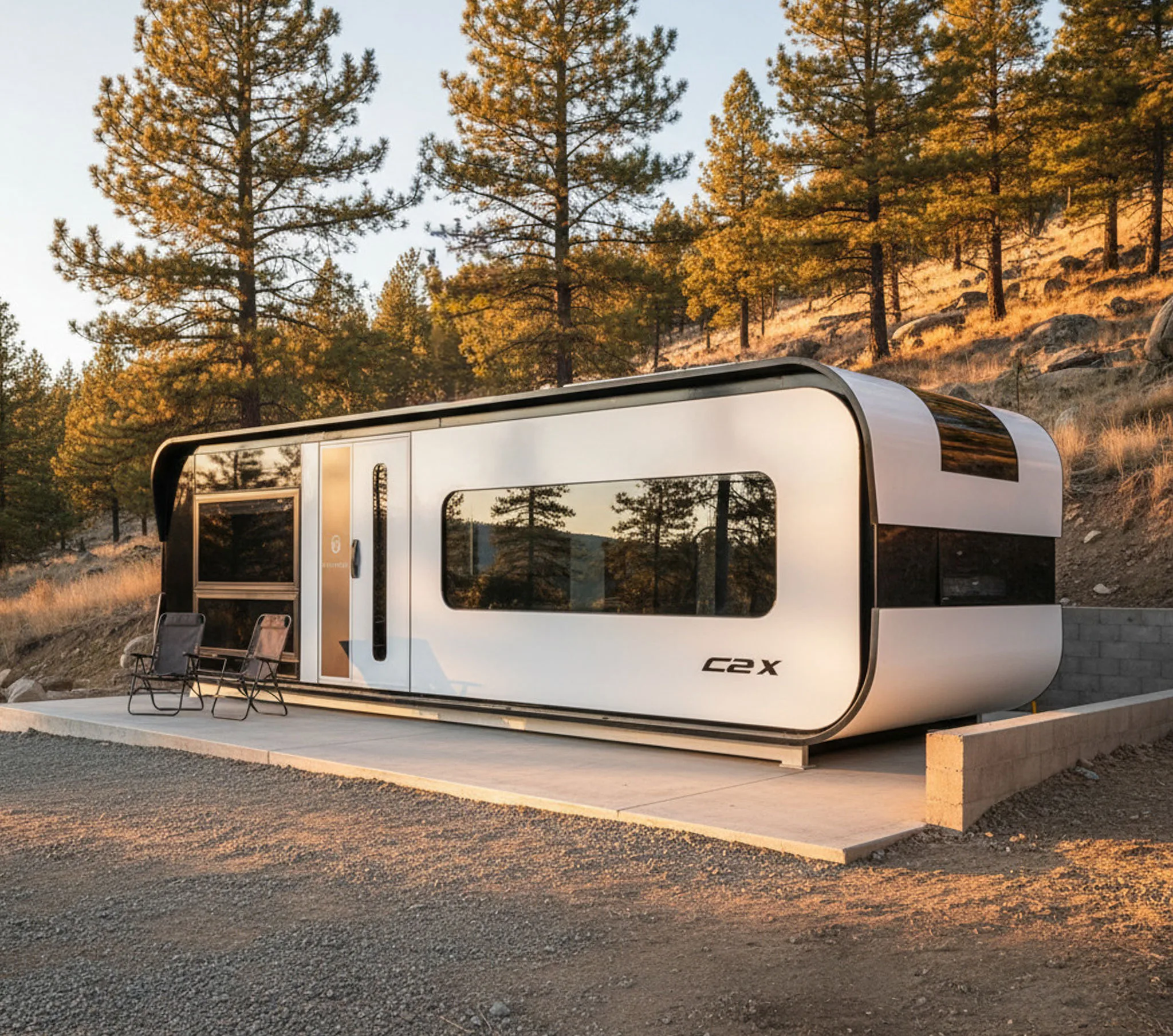 Exterior rendering of the Nestron Cube Two X on a wooded hillside at sunset with large windows and a rounded white facade