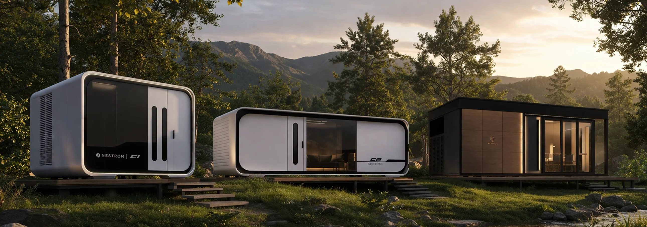 Exterior view of a white modular home in a wooded natural setting