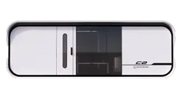 Nestron C2 modular home front view with white panels and sliding glass door