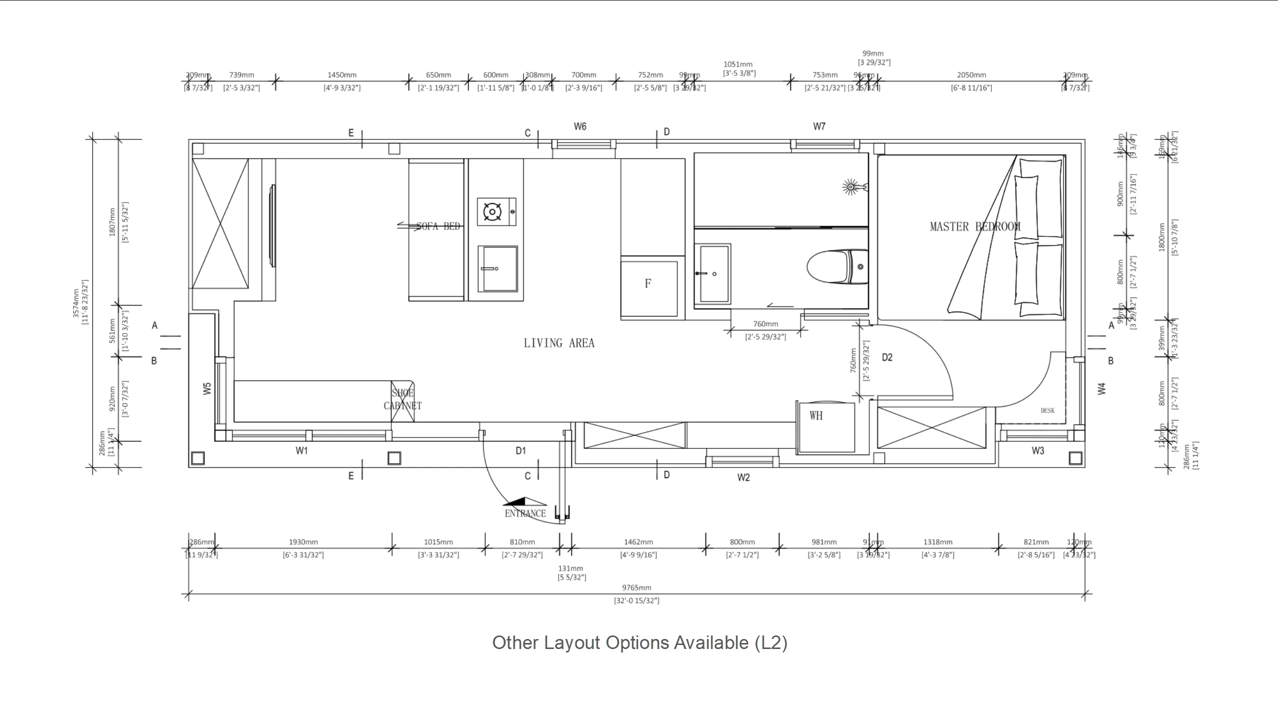 Floor plan of the Nestron Legend Two showing the layout of the living, kitchen, bathroom, and sleeping areas