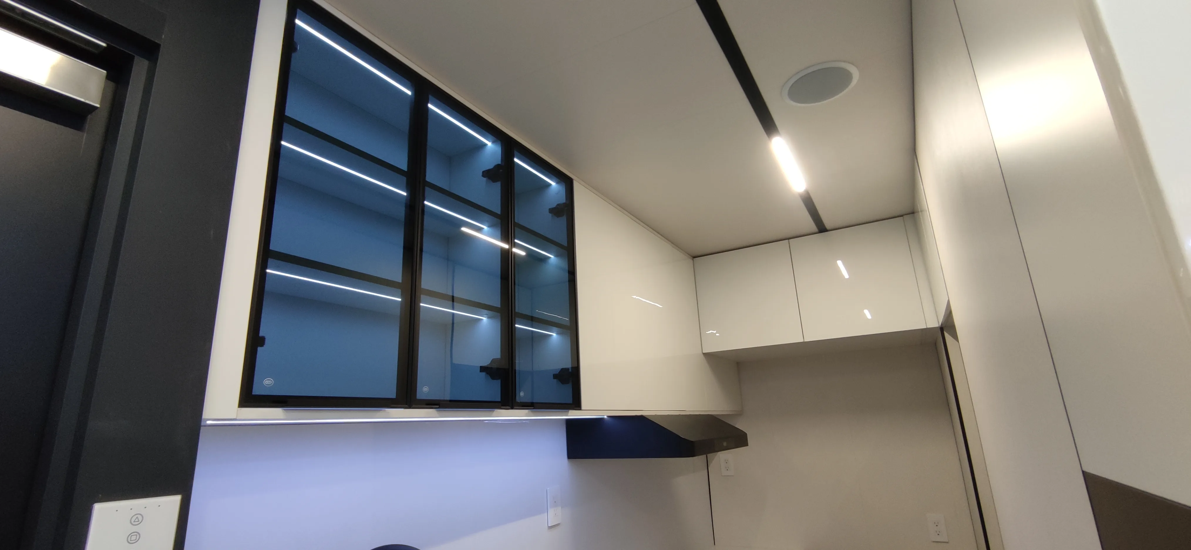 Nestron Legend One interior rendering with a large dark framed window, white walls, and a black countertop