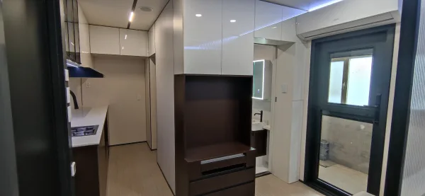 Nestron Legend One interior rendering showing a TV console, dark wood cabinetry, and mirrored wall panels