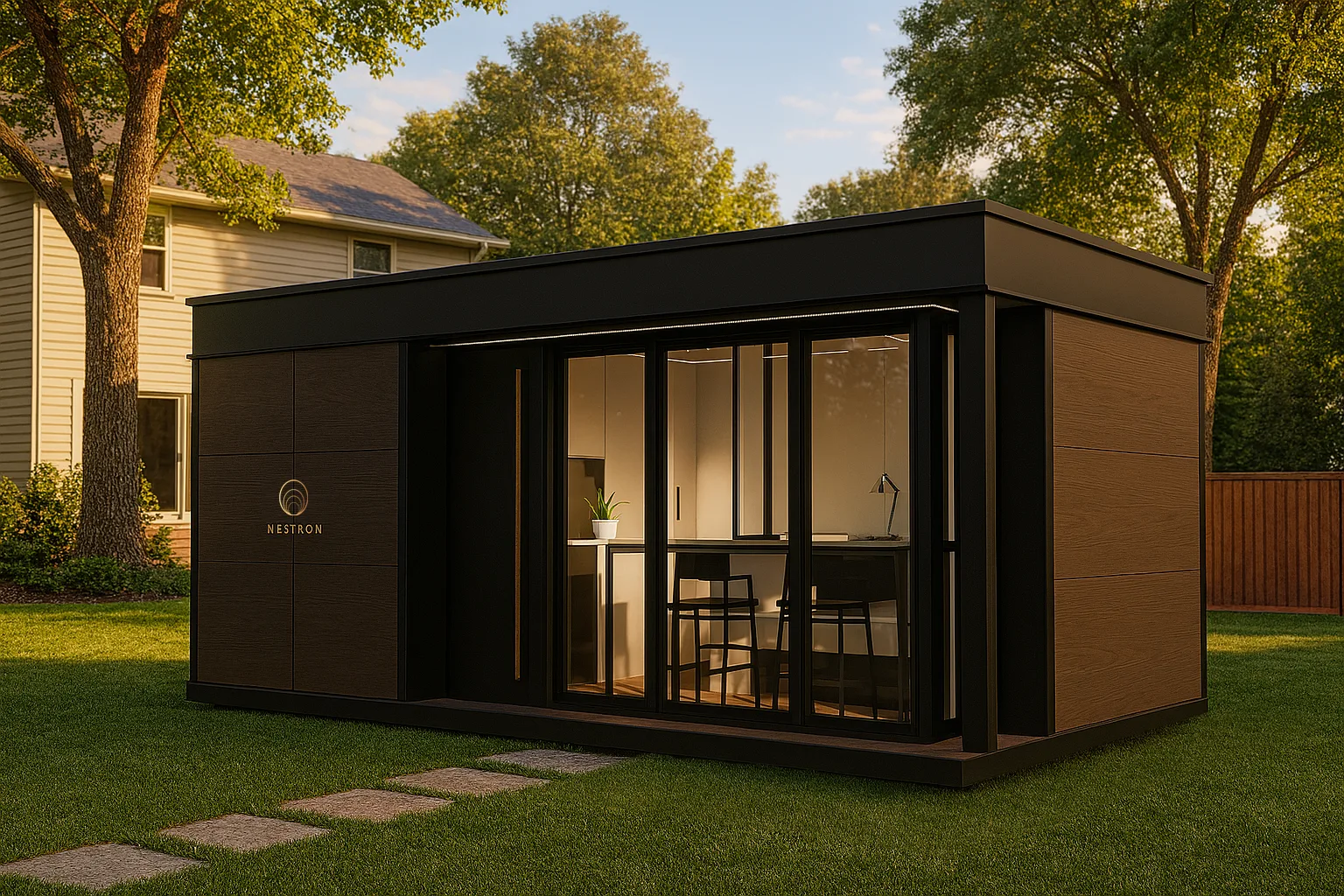 Exterior rendering of the Nestron Legend One in a backyard setting with dark siding, floor-to-ceiling windows, and surrounding greenery