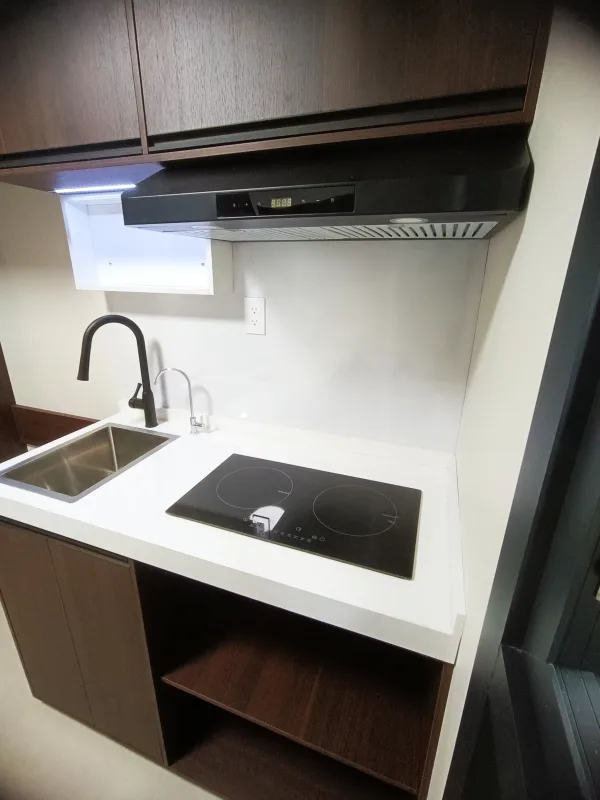 Close-up rendering of the Nestron Legend Two kitchen with a sink, black cooktop, white countertop, and range hood