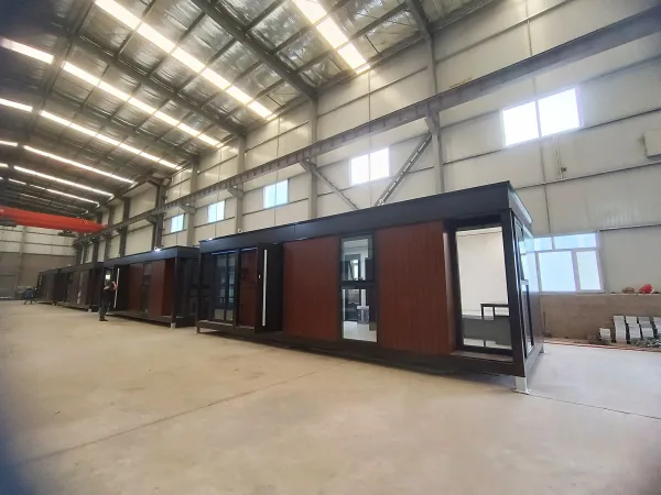 Nestron Legend Two exterior view inside a factory showing the modular unit with dark trim and wood facade panels