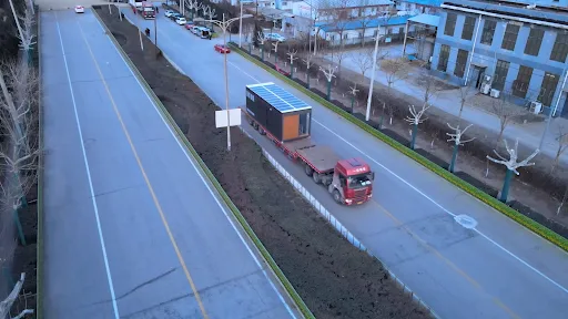 Aerial view showing a Nestron Legend Two unit being transported on a roadway