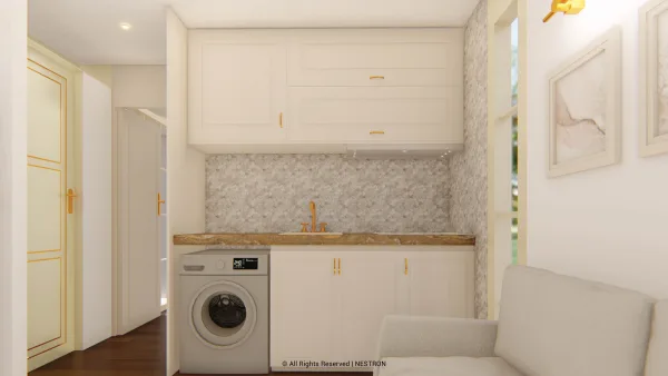 Nestron Legend Two X kitchen rendering with light cabinetry, a sink, cooktop, and compact countertop