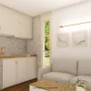 Nestron Legend Two X interior rendering with a light wood kitchen, dining area, and bright neutral finishes