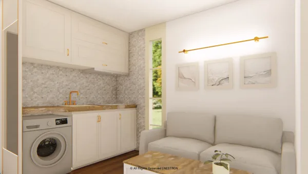 Nestron Legend Two X interior rendering with a light wood kitchen, dining area, and bright neutral finishes
