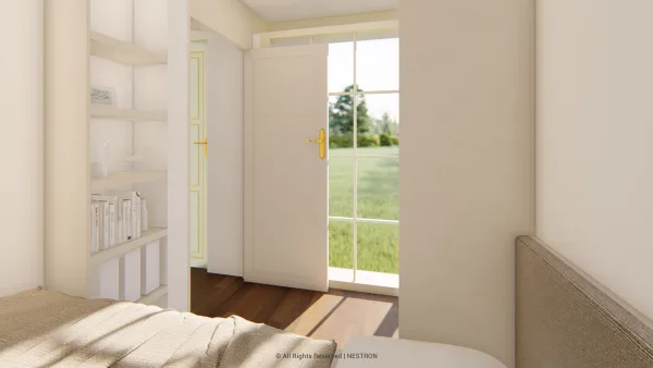 Nestron Legend Two X interior rendering showing a bright room with a large window, light wood flooring, and neutral walls
