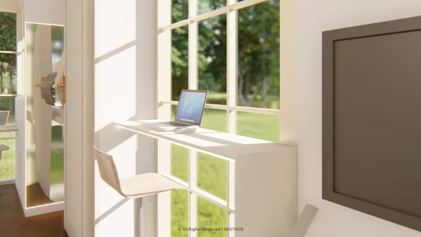 Nestron Legend Two X interior rendering with large floor-to-ceiling windows, a compact table, and greenery outside