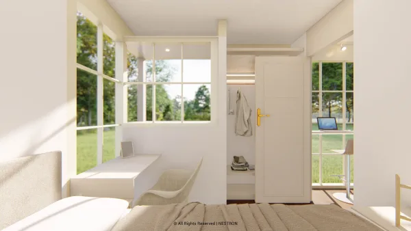 Nestron Legend Two X living area rendering with large windows, light furnishings, and views of surrounding greenery