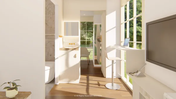 Nestron Legend Two X interior rendering with a dining area, large windows, light wood flooring, and abundant natural light