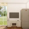 Nestron Legend Two X interior rendering with a wall-mounted TV, light cabinetry, and a large window