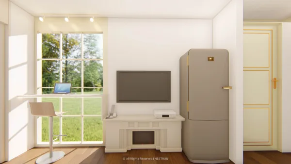 Nestron Legend Two X interior rendering with a wall-mounted TV, light cabinetry, and a large window