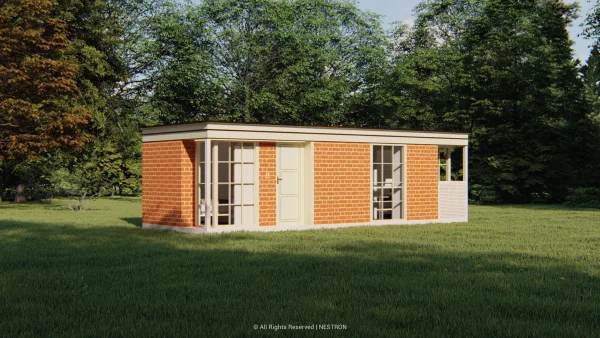 Exterior rendering of the Nestron Legend Two X Folksy with a wood facade, large windows, and surrounding greenery