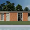 Front exterior rendering of the Nestron Legend Two X Folksy with wood siding, large windows, and a dark roofline