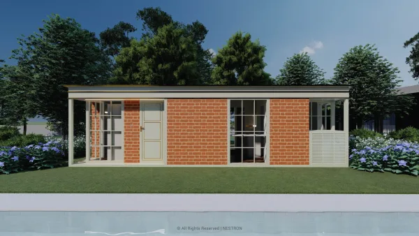 Front exterior rendering of the Nestron Legend Two X Folksy with wood siding, large windows, and a dark roofline