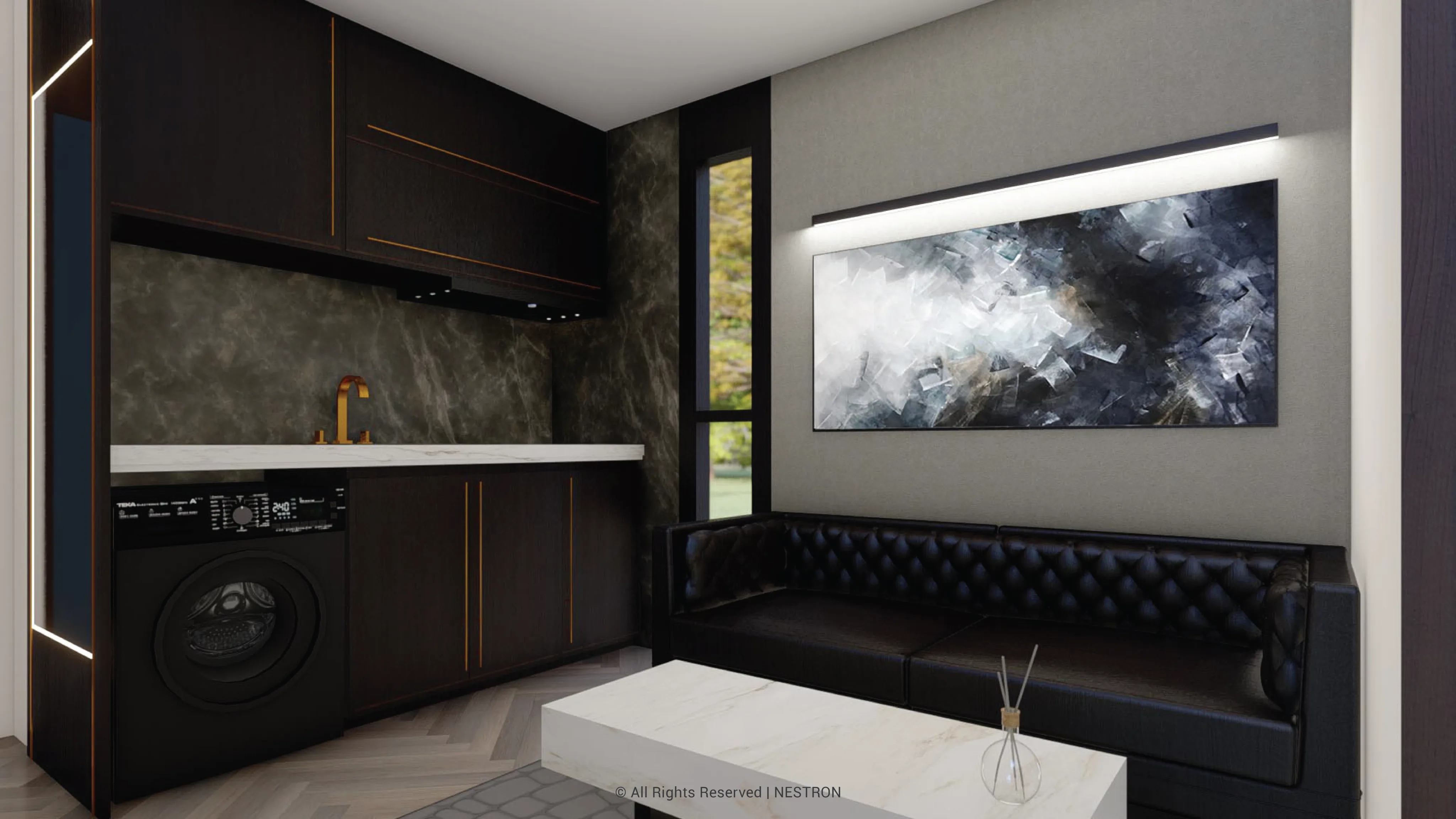 Nestron Legend Two X Lux interior rendering with a wall-mounted TV, dark built-in cabinetry, and a low storage console