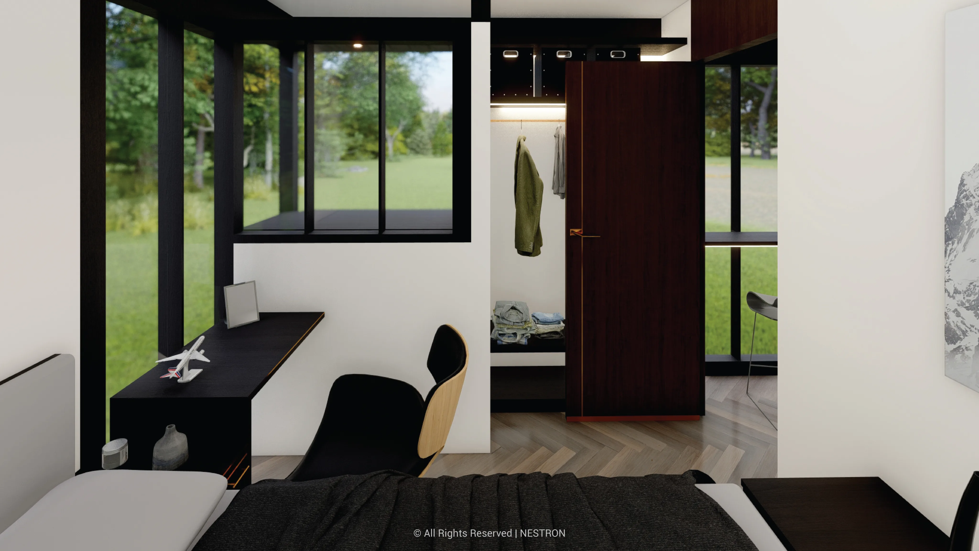 Nestron Legend Two X Lux dining and living area rendering with dark furniture, large windows, and built-in cabinetry