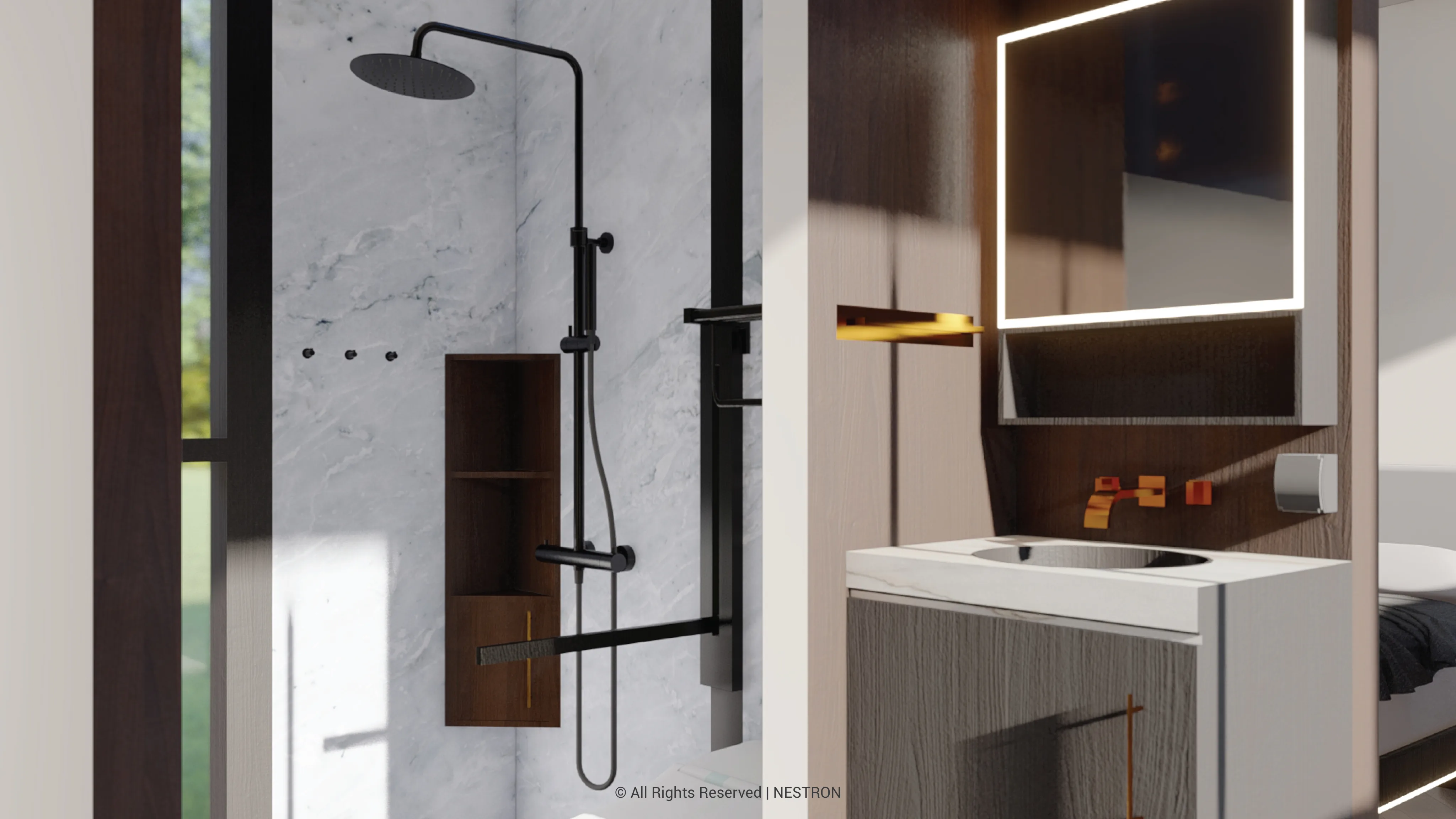 Nestron Legend Two X Lux interior rendering showing a compact vanity area with a round mirror, sink, and dark wood cabinetry