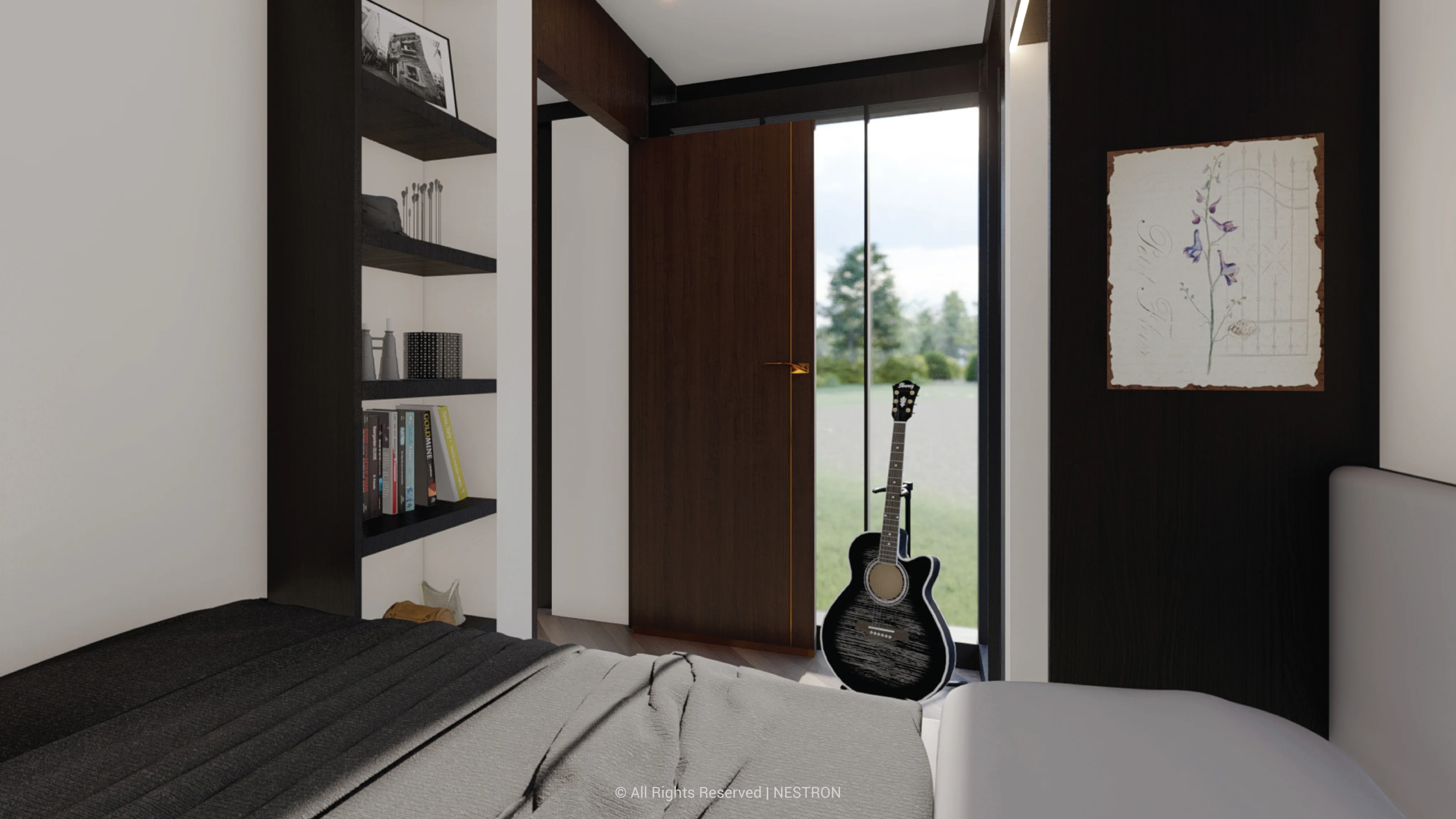 Nestron Legend Two X Lux interior rendering showing built-in shelving, a large window, and dark wood finishes