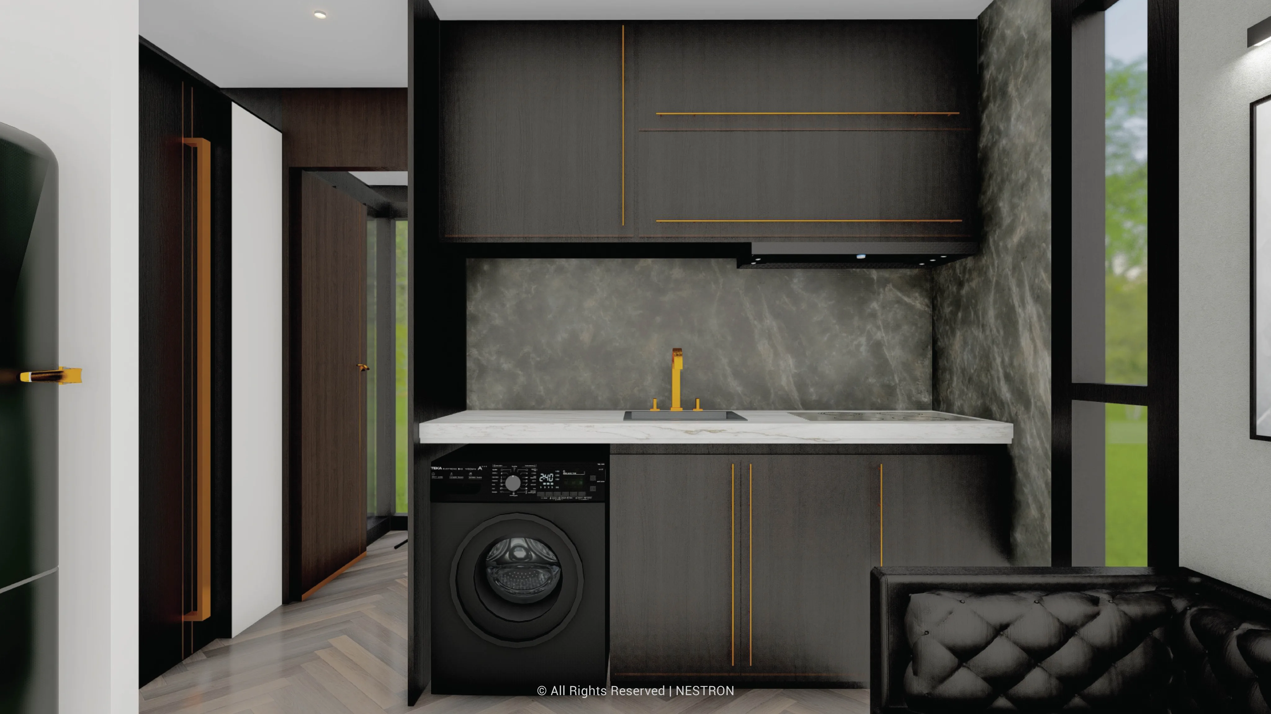 Nestron Legend Two X Lux kitchen rendering with dark cabinetry, a sink, cooktop, and compact countertop