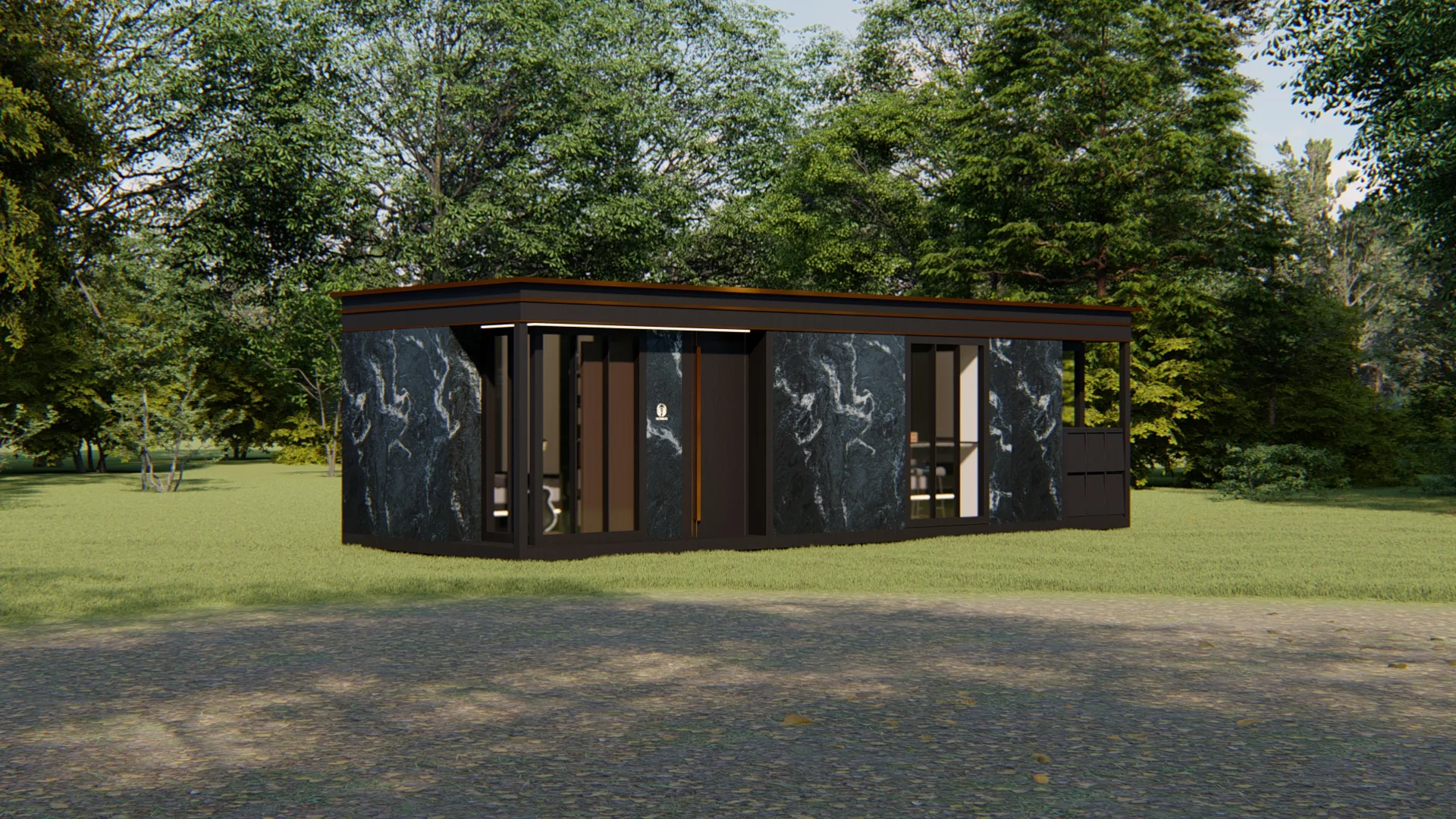 Exterior rendering of the Nestron Legend Two X Lux in a wooded setting with dark facade panels and large windows